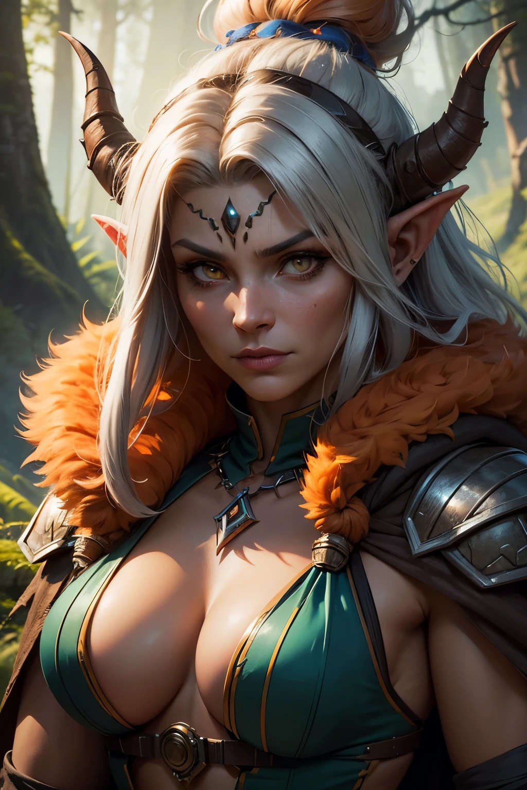 a close up of a person in a costume on a hill, female troll shaman, muscular female druid, a very beautiful berserker woman, female druid, of a futuristic woman selk'nam, alluring tiefling druid, female earth mage, female humanoid creature, attractive tiefling druid, cyberpunk angry gorgeous druid, female orc forest druid, super high quality, super high detail, masterpiece, 4k, 8k, HDR, detailed face, beautiful face, orange skin, orange fur