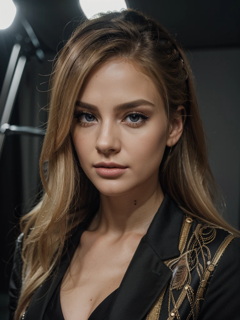 realistic,photorealistic,photo-realistic:1.37,best quality,4k,8k,highres,masterpiece:1.2,ultra-detailed,1woman,beautiful detailed eyes,beautiful detailed lips,extremely detailed eyes and face,longeyelashes,blonde hair,brushing hair,wearing oversized black blazer,wearing string,wearing high heels,studio photography,studio lighting,sharp focus,vivid colors