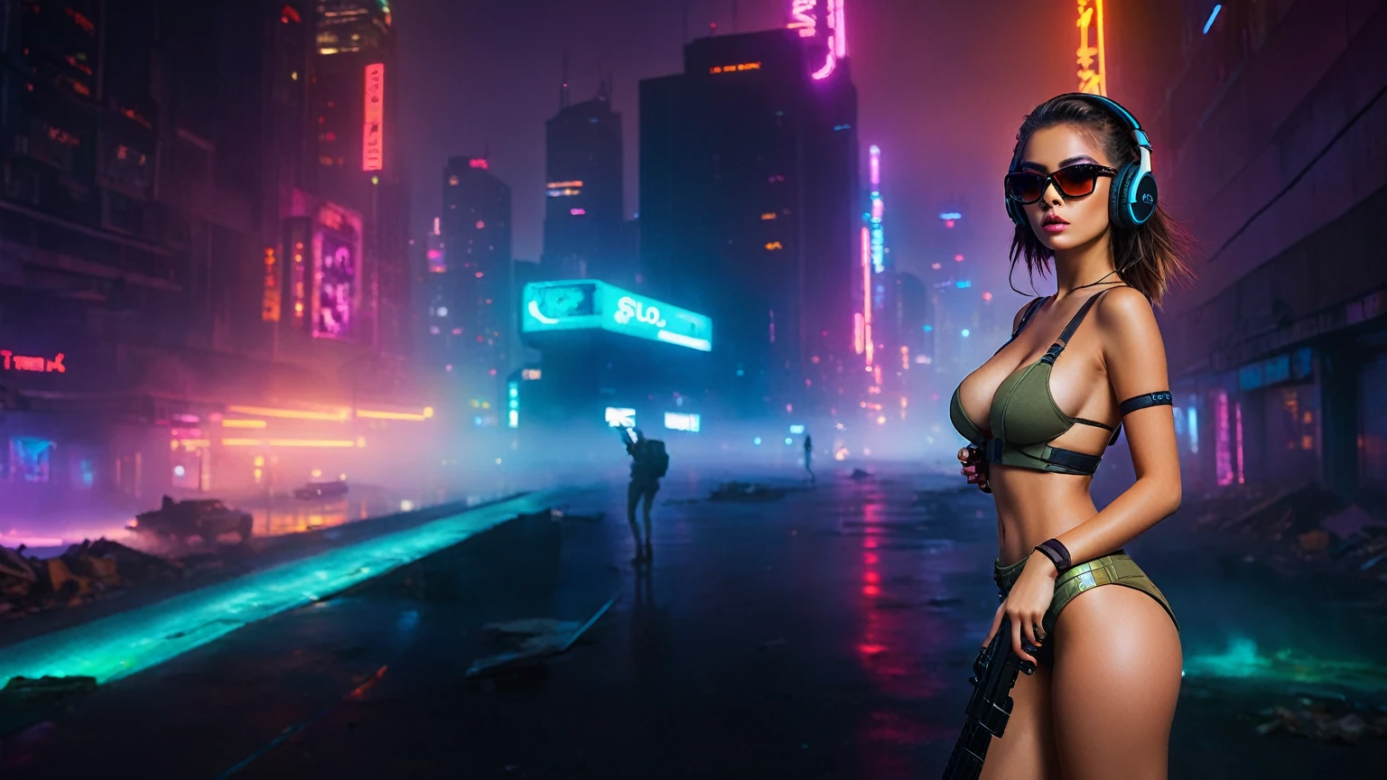 dark futuristic landscape, at night, neon lights, Atmospheric fog, large buildings in the background, futuristic city, streets with open shops, skyscraper (postapocalyptic city:1.3). (((1girl, solo, alone))), large-breast:1.2 slim body, cleavage:1.1, sexy miniskirt, (((headphone, black sunglasses, standing and holding pistol pose))), (((half-body thigh level medium shot))), cinematic lighting, lens flare, ray tracing.