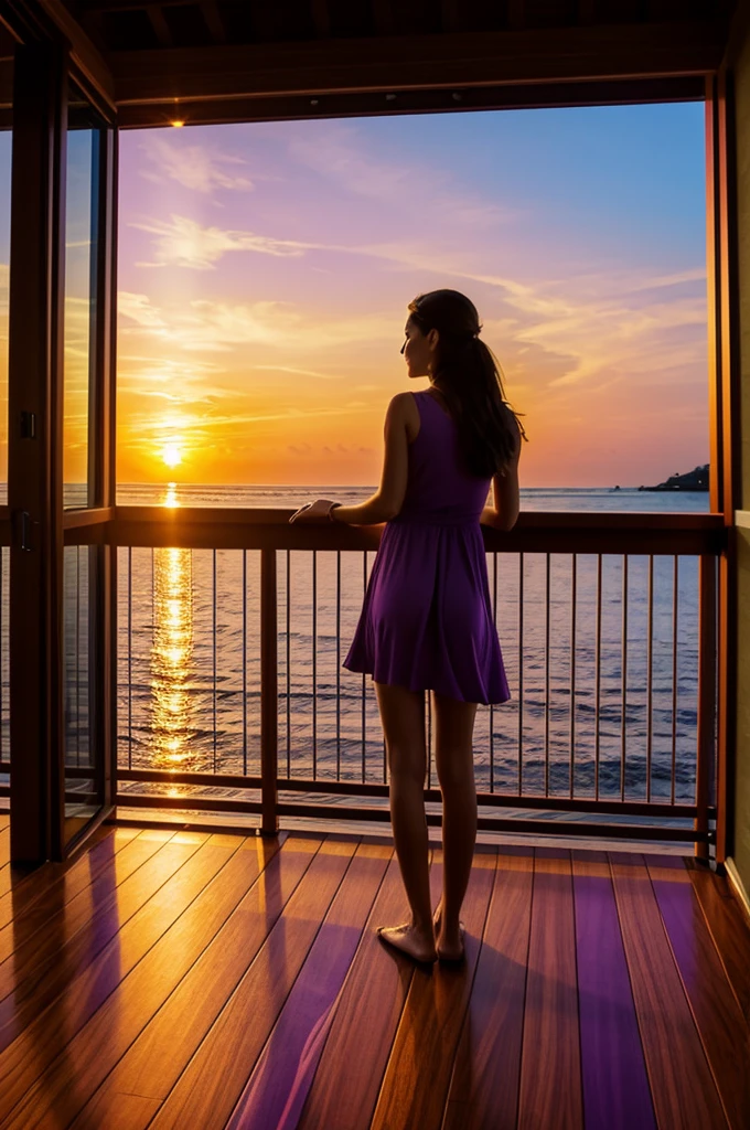 Master piece, best quality, beach, sunset, orange purple sky, star in sky, in balcony, wood floor, Potrait