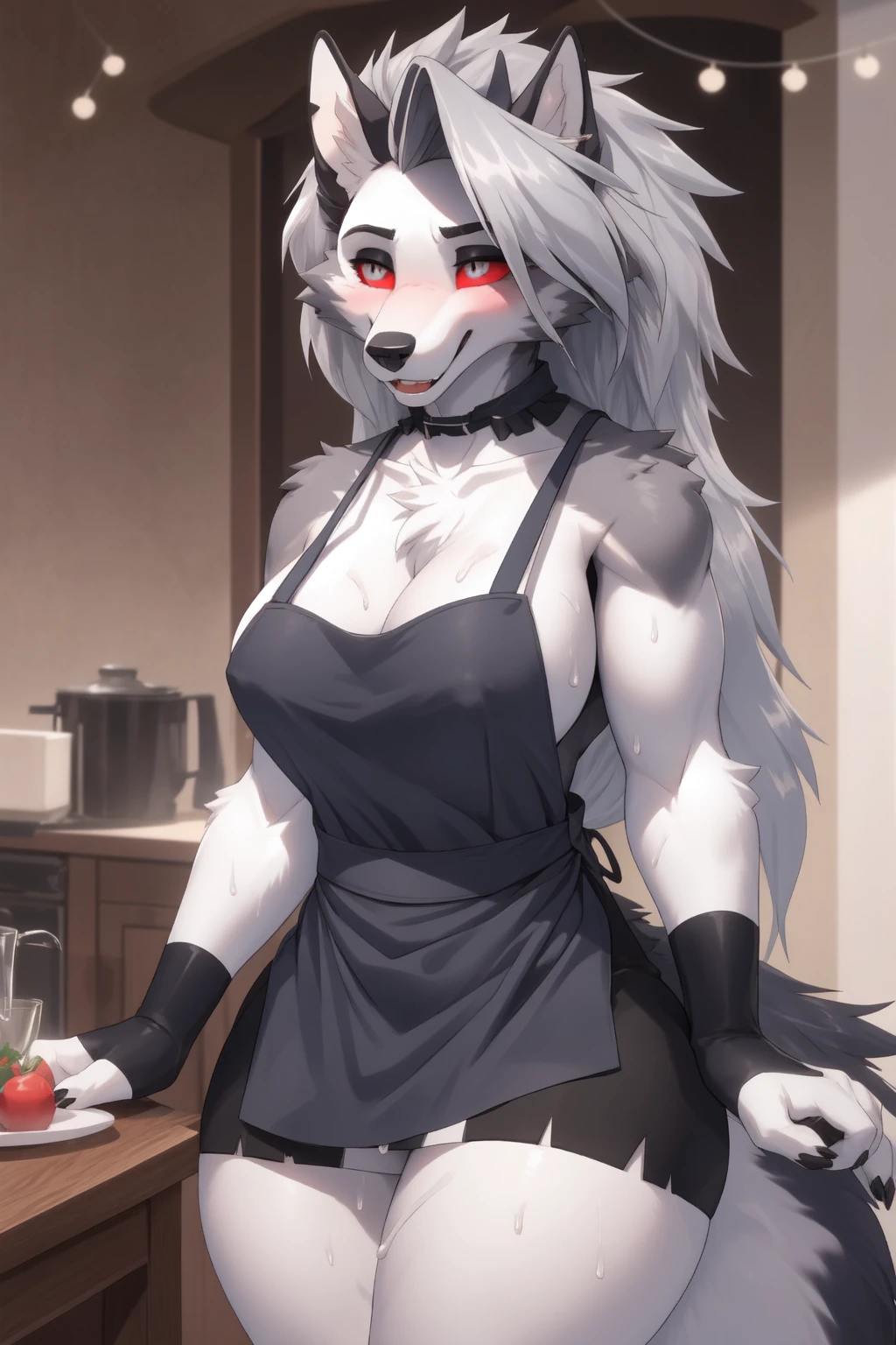 Loona, female, wolf, long hair, red eyes, smiling, busty, wearing a black maid apron, thick thighs, tail, sweaty, thick cum load on Loona’s titites, cum on tits, blushing, hd 8k