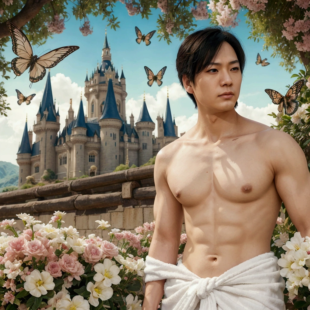 a close up of a man in a white towel standing in front of a castle, frank cho, cliff chiang, charlie bowater and mark brooks, rick dai, castle scene manga, ross tran and bayard wu, damian kryzwonos, beautiful androgynous prince, delicate androgynous prince, akehiko inoue and ross tran