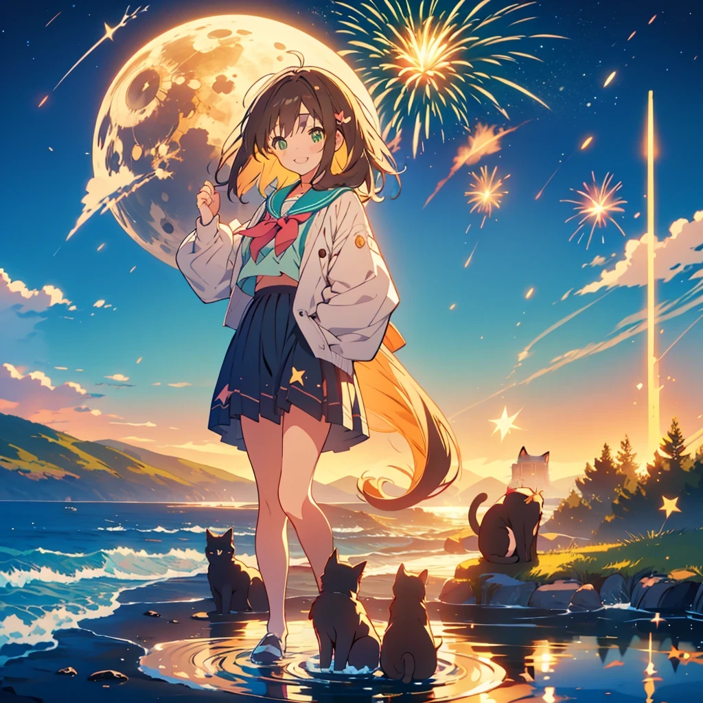 kawaii, anime, Cute, hyper quality, highly detailed, 8k, Front facing, Clarity, brown long hair, green eyes, smile, whole body, walk along the coast, one black cat, starry skies, night, moonlight, shooting star, Starlight, spread your hands, smiling, close your eyes and laugh, open your mouth and laugh, Crescent Moon, whole body, walking pose, seaside, coastline, Comet, hair fluttering, spread both hands, walk, ripples, firework, hold both hands,