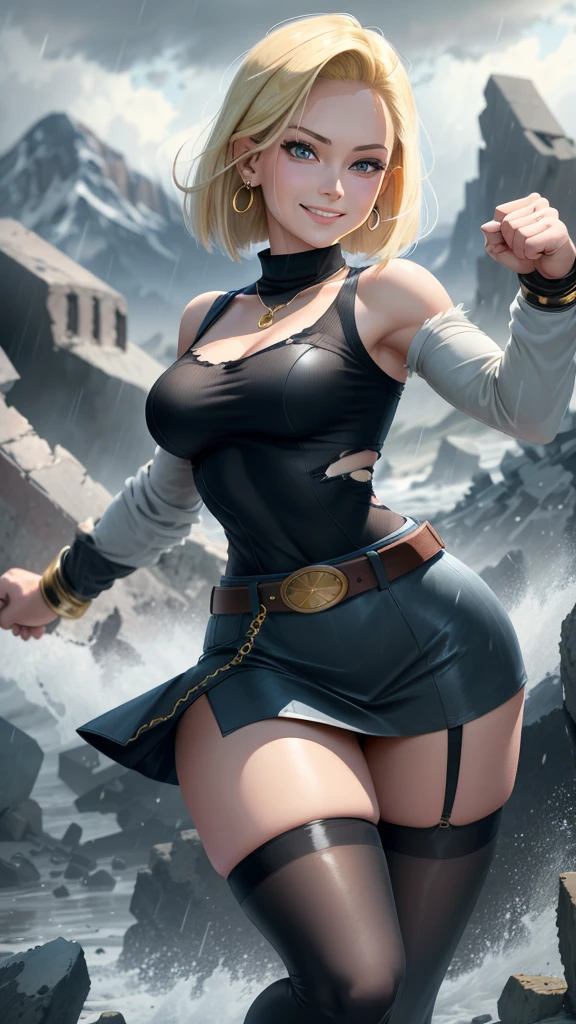 best quality, highres, and18, 1girl, android 18, solo girl, 1girl, blonde hair, blue eyes, belt, high heels, black long bodycon skirt, gold necklace, white blouse, short hair, blue sweater, earrings, medium breasts, cowboy shot, mountains, straight-on, (weather: raining and windy), wet body, sexy smile, combat stance, thigh high stockings, garter belt, battle ruins, wide hips, thick legs, torn clothes, closed fists, hair pin,
