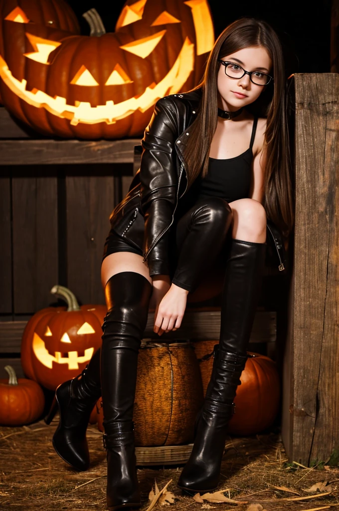 teenager girl, pale, wearing glasses brown shoulder length brown straight hair, black leather jacket, black leather leggings, black heels, halloween night setting on a hay bell