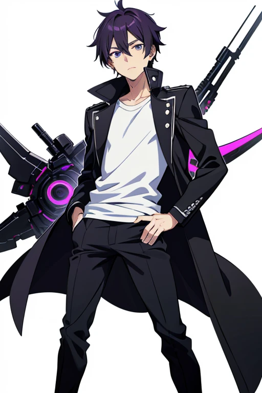 one man,black biker jacket,purple hair, short hair, spiky hair,black eye,full body shot,stubble,15 years old,look at viewer,standing,white shirt,hand on hip,from front,white background,Anime handsome guy, Gap Moe Yandere Grimdark, Handsome men from Demon Slayer, Young Anime Guy, Male Anime Characters, Hajime Yatate, Handsome man, trigger anime art style, Anime Moe Art Style, inspired by Okumura Masanobu