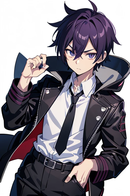 one man,black biker jacket,purple hair, short hair, spiky hair,black eye,full body shot,stubble,************,look at viewer,standing,white shirt,hand on hip,from front,white background,Anime handsome guy, Gap Moe Yandere Grimdark, Handsome men from Demon Slayer, Young Anime Guy, Male Anime Characters, Hajime Yatate, Handsome man, trigger anime art style, Anime Moe Art Style, inspired by Okumura Masanobu