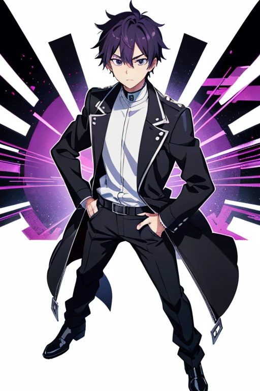 one man,black biker jacket,purple hair, short hair, spiky hair,black eye,full body shot,stubble,,look at viewer,standing,white shirt,hand on hip,from front,white background,Anime handsome guy, Gap Moe Yandere Grimdark, Handsome men from Demon Slayer, Young Anime Guy, Male Anime Characters, Hajime Yatate, Handsome man, trigger anime art style, Anime Moe Art Style, inspired by Okumura Masanobu