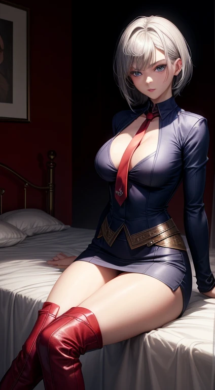 masterpiece, highest quality, high resolution, 1 girl, gray hair, short hair, blue eyes, medium breasts, OL, tie,(red underwear), pencil skirt, put your hands on your hips,Idol Master,anastasia，Knee-high boots，pants suit,((Sit on the bed,Bedroom,sexy))