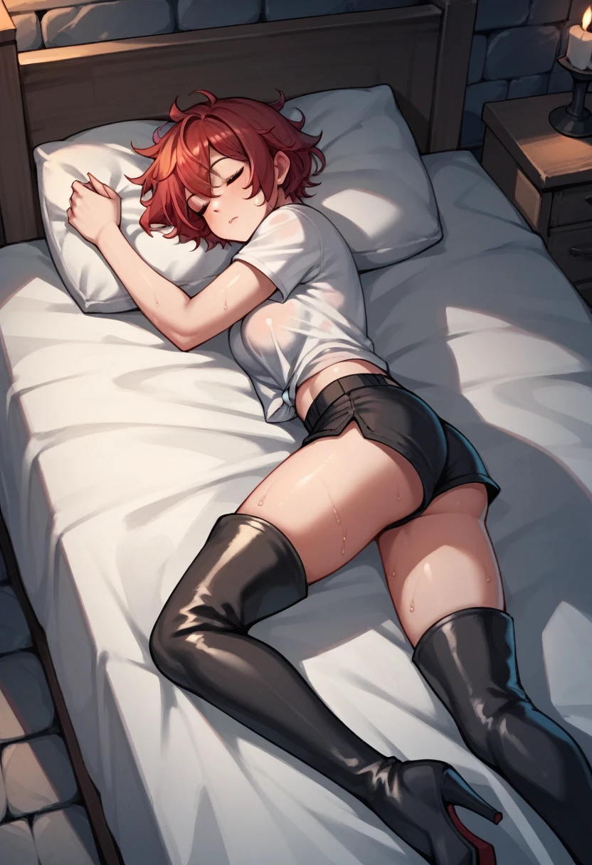 score_9, score_8_up, score_7_up, score_6_up, score_5_up, score_4_up, source_anime, 1woman, bed, red hair, short hair, sleep, messy hair, sweaty shirts, shorts, thigh high boots, heels, night, dungeon, best quality, best res, 4K UHD,
 