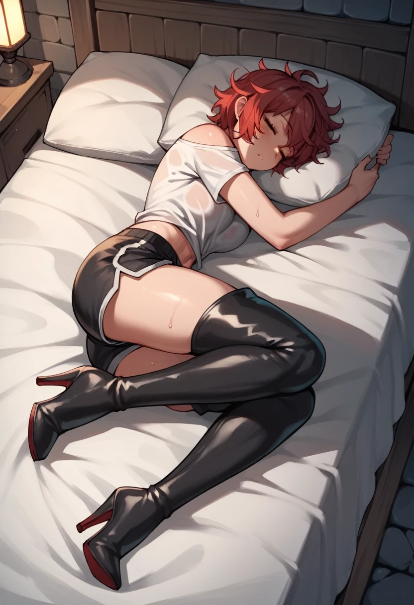 score_9, score_8_up, score_7_up, score_6_up, score_5_up, score_4_up, source_anime, 1woman, bed, red hair, short hair, sleep, messy hair, sweaty shirts, shorts, thigh high boots, heels, night, dungeon, best quality, best res, 4K UHD,
 