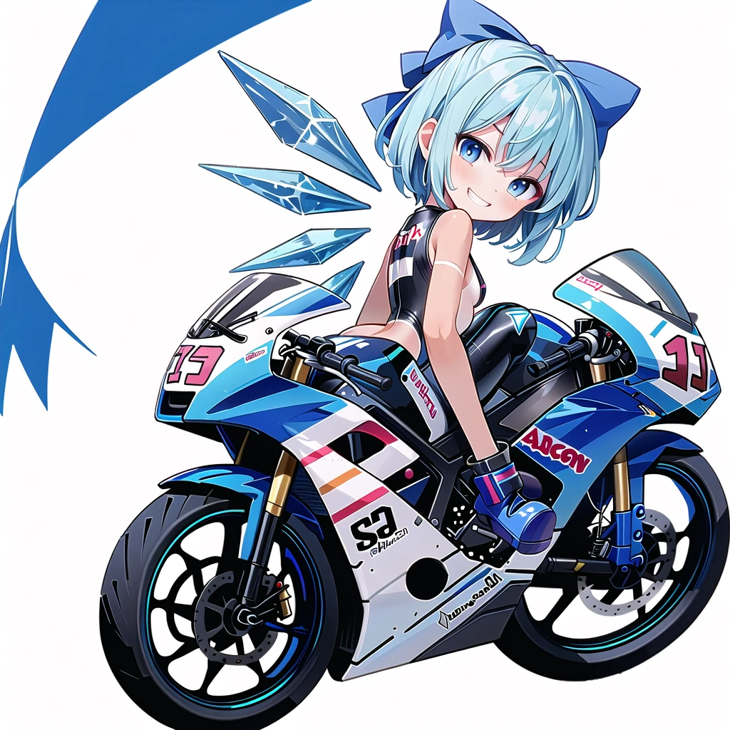 (((one girl))),(((tanned cirno))), (touhou),(((short hair,blue hair))),ice wings,(((blue eyes))),(((bangs))),(((motorcycle racing wear))),(((blue hair bow))),(((grin))),(((full body))),(((small breasts))),(((simple white background))),(((Side angle)))