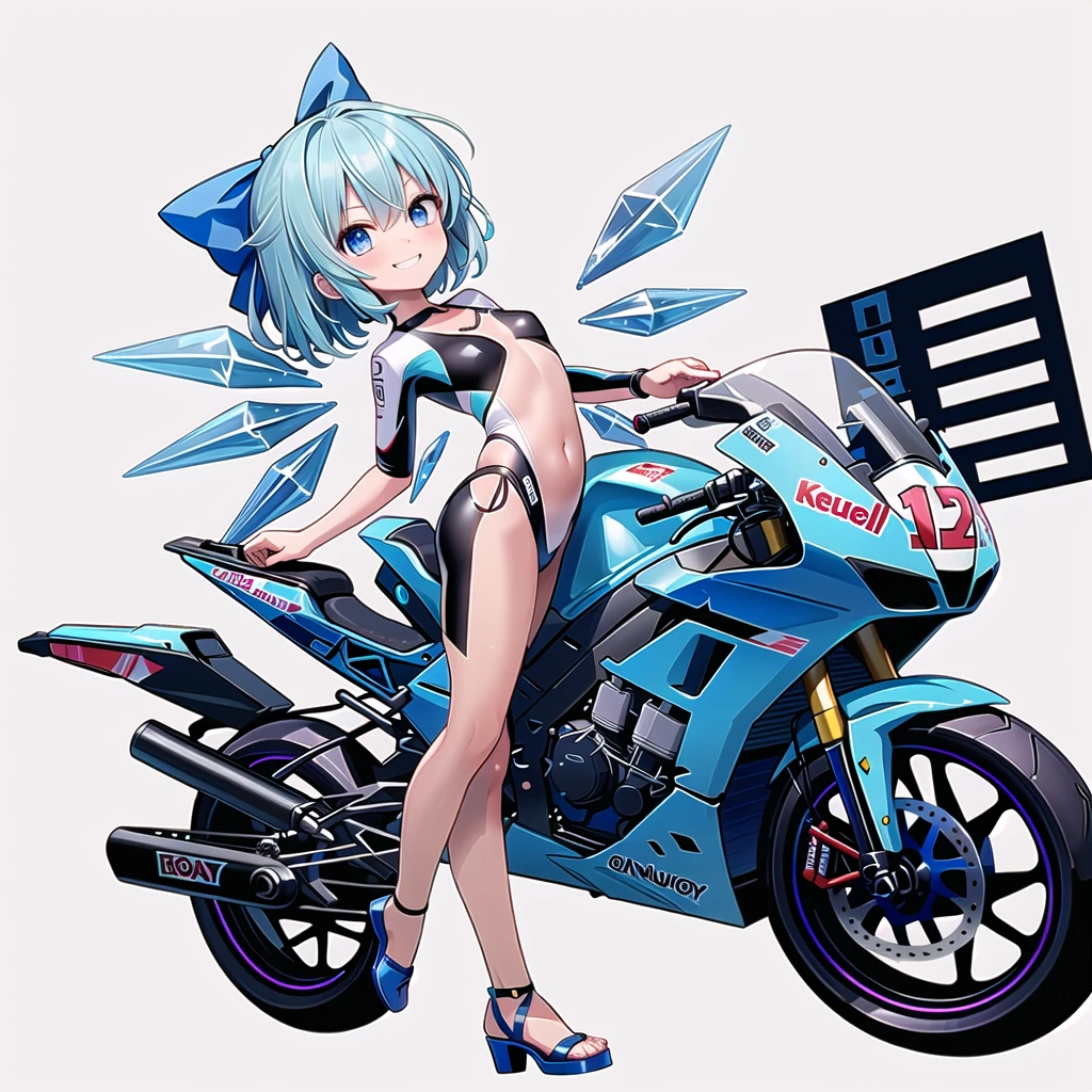 (((one girl))),(((tanned cirno))), (touhou),(((short hair,blue hair))),ice wings,(((blue eyes))),(((bangs))),(((motorcycle racing wear))),(((blue hair bow))),(((grin))),(((full body))),(((small breasts))),(((simple white background))),(((Side angle)))