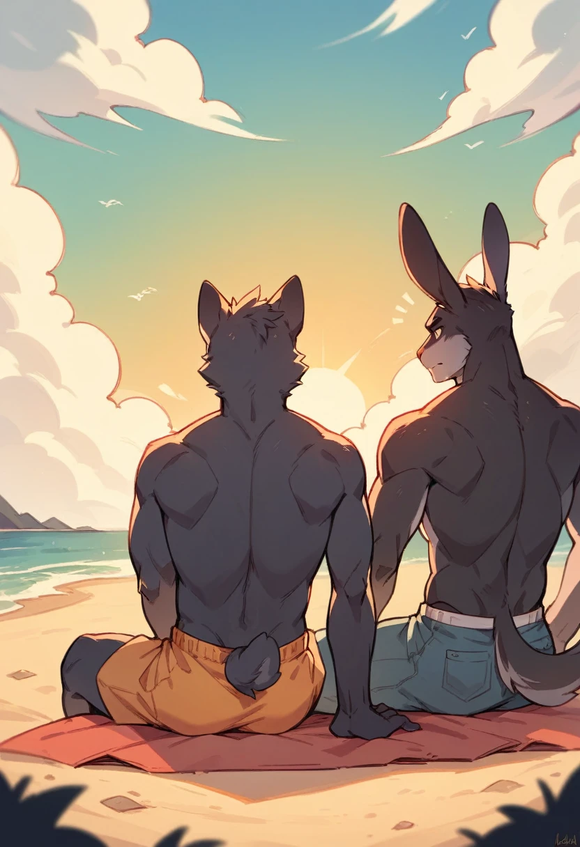 Create the silhouette of two anthropomorphic animals, a man rabbit and a man wolf, back sitting on the beach sand watching the sunset