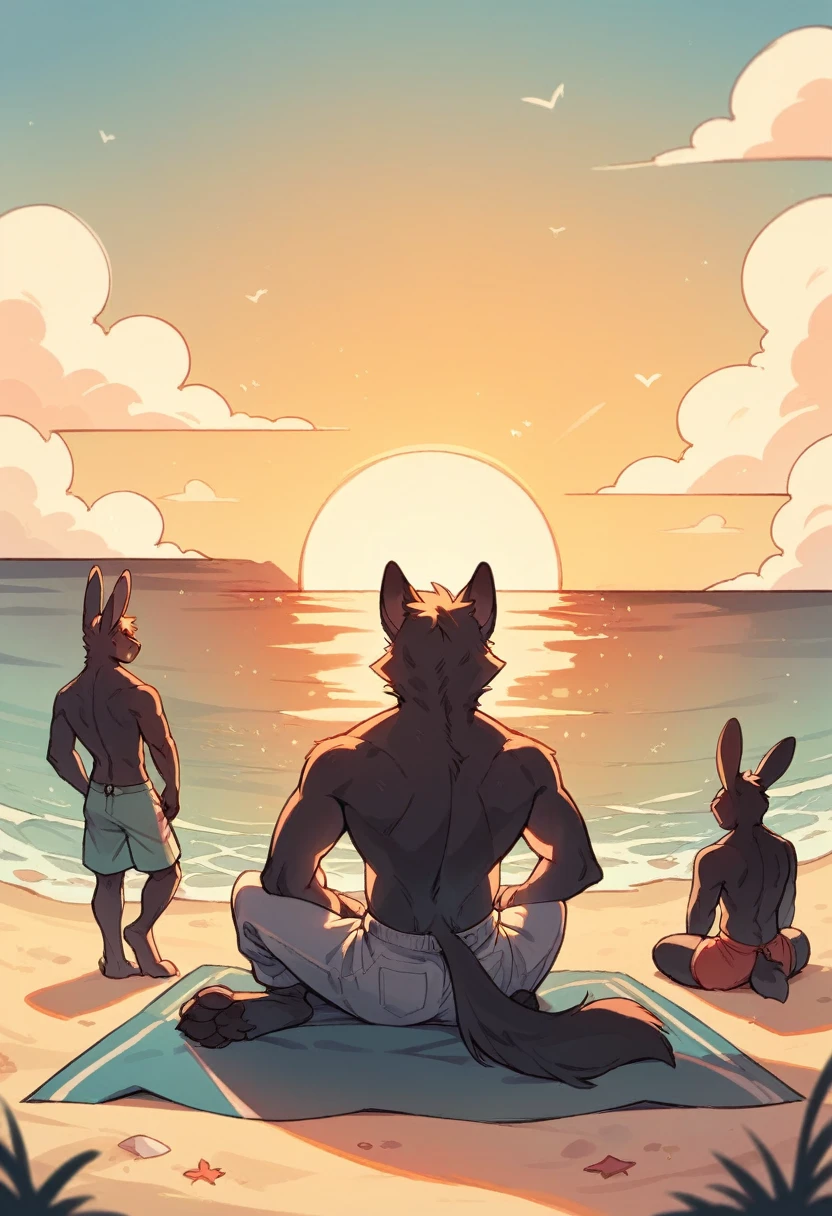 Create the silhouette of two anthropomorphic animals, a man rabbit and a man wolf, back sitting on the beach sand watching the sunset