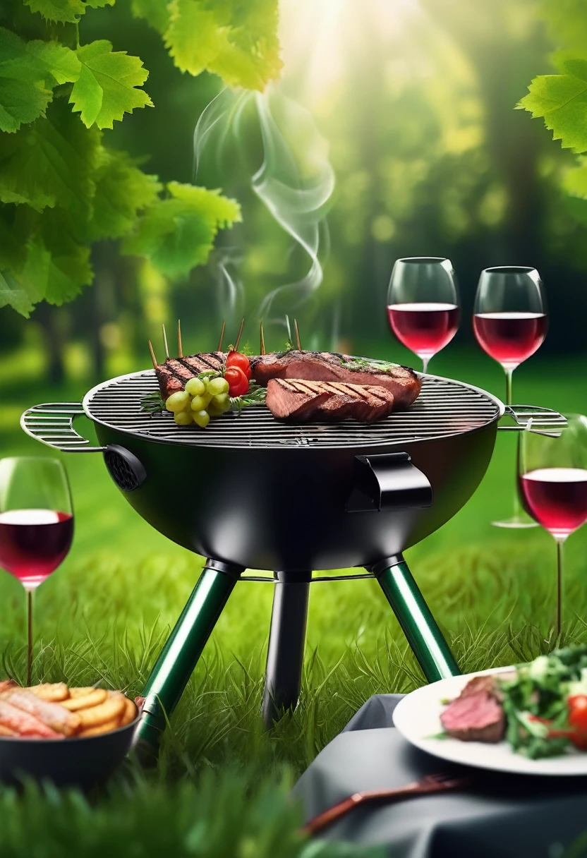 grill with meat outdoors in a green environment together with friends and wine, ultra realistic