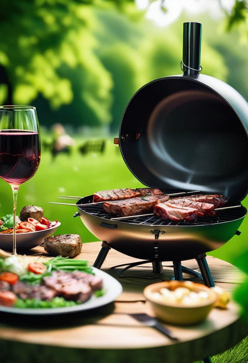 grill with meat outdoors in a green environment together with friends and wine, ultra realistic