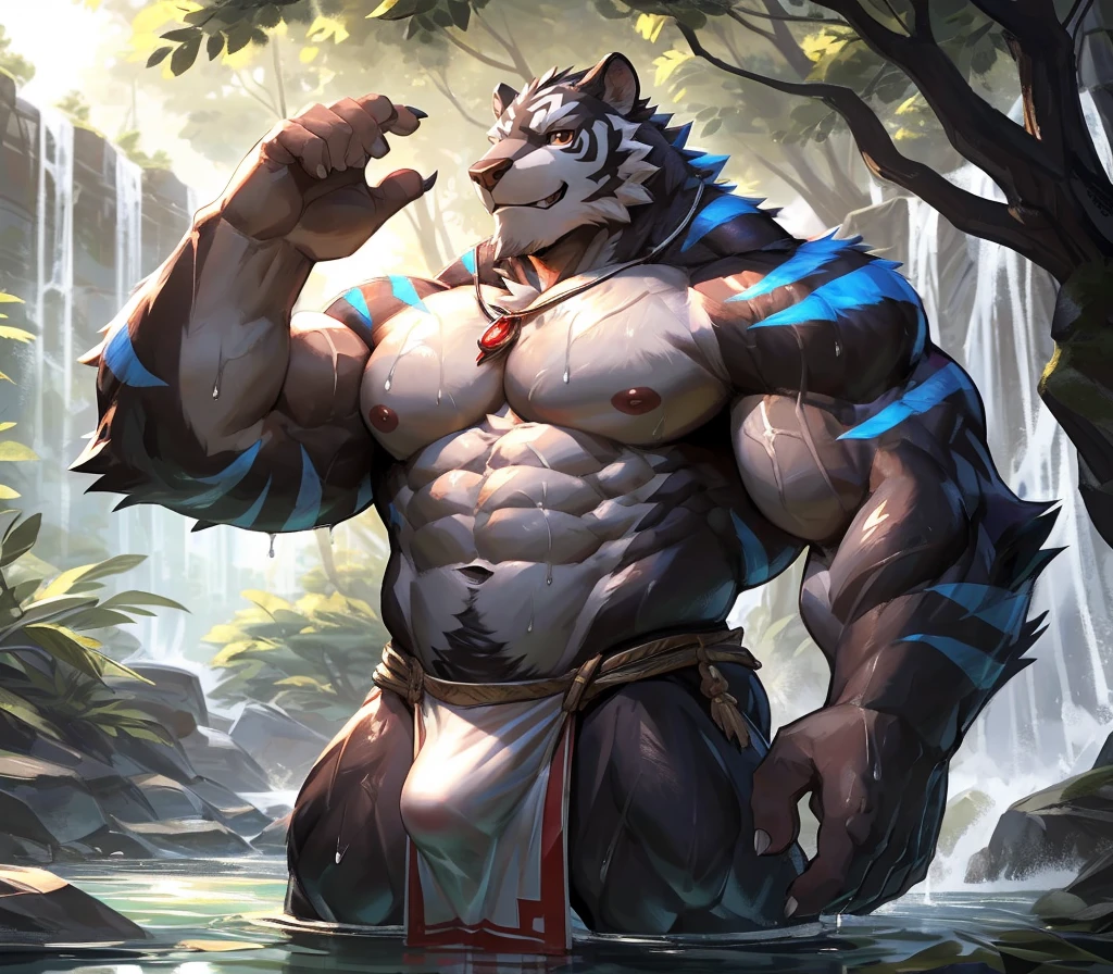 ((best quality)), ((masterpiece)), (ultra detailed), perfect face,(sharp eyes),sharp focus,(artist: lindong, null-ghost, dangpa, gamma_g, kulplant), (male antro black tiger):2.0, ((blue stripes)), ((black body)), ((white belly)), (tiger ears, tiger tail), (sharp eyes) ,ultra-detailed eyes, (Beautiful and delicate eyes), ((red crimson):0.1 eyes), ((white sclera)), ((fluffy fur, fluffy, furry body)),((long white loincloth), with yellow pattern):0.8, muscular male , (wearing random pattern necklace), smile, (bulge), reflection, sexy body, middle-age, strong, looking at view, (((sfw:1.5))), (( abs, strong muscle, 8 pack)), shirtless, tougue out, claw, pink nipples, handsome,(Great physique),strong arms man, majestic, barbarous, handsome, sweating:1.8, anime, forest next to the waterfall, near waterfall, drenched,wet,naked,serene,peaceful,glistening sunlit water,gentle ripples,on the riverbank,lush greenery,tall trees and dense foliage,clear blue sky,tranquil atmosphere,vivid colors, night, a blue moon, dim light, drenched, wet body:0.7