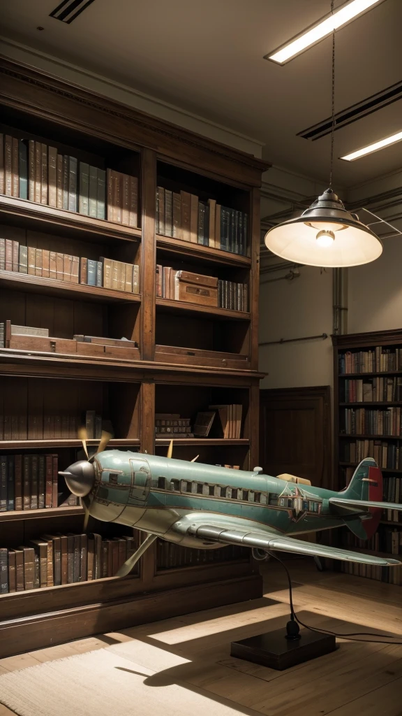 Create a library with the history of aviation from a disused plane, with shelves and furniture being used with the plane's own parts, and the propeller in the plane's nose is a beautiful lamp.