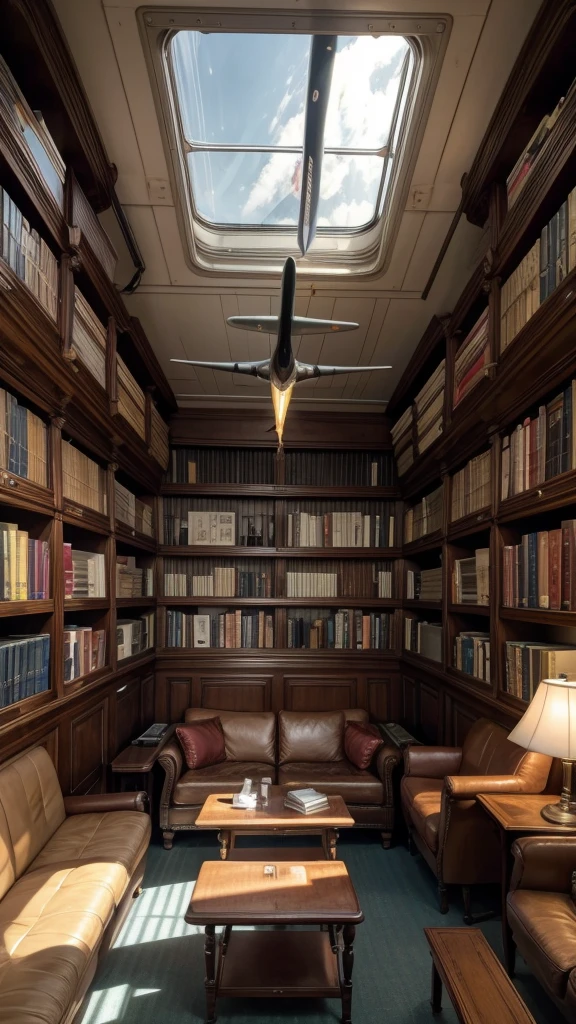 Create a library with the history of aviation from a disused plane, with shelves and furniture being used with the plane's own parts, and the propeller in the plane's nose is a beautiful lamp.