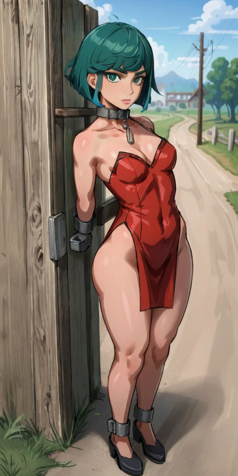 (Masterpiece, best quality, intricate details, 1sologirl) iron collar, arms behind back, iron cuffs, shackles, bound ((standing by wooden pole:1.2)) looking from above happy closed mouth, green short bob haircut