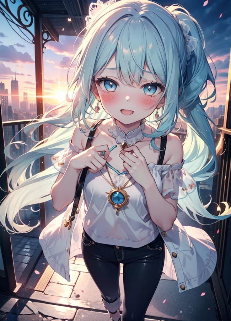 masterpiece, best quality, extremely detailed, (illustration, official art:1.1), 1 girl ,(((( light blue long hair)))), ,(((( light blue long hair)))),light blue hair, , long hair ((blush)) , cute face, big eyes, masterpiece, best quality,(((((a very delicate and beautiful girl))))),Amazing,beautiful detailed eyes,blunt bangs((((little delicate girl)))),tareme(true beautiful:1.2), sense of depth,dynamic angle,,,, affectionate smile, (true beautiful:1.2),,(tiny 1girl model:1.2),)(flat chest) ,,happy smile, smile, Open your mouth,ponytail,Short braided hair,Medium chest,
hair band,Cord off-shoulder top,Short sleeve,skinny pants,Stiletto heels,Sunset,evening,The sun is setting,Walking,whole bodyがイラストに入るように,Looking down from above,Holding a Chanel bag in her right hand,
break outdoors,In town,Building district,
break looking at viewer, whole body,
break (masterpiece:1.2), highest quality, High resolution, unity 8k wallpaper, (shape:0.8), (Beautiful details:1.6), Highly detailed face, Perfect lighting, Extremely detailed CG, (Perfect hands, Perfect Anatomy),