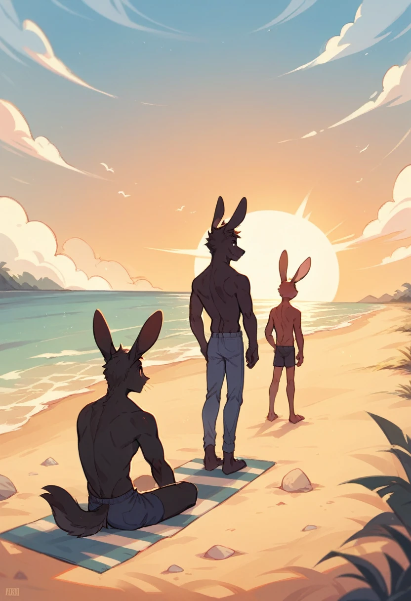 Create the silhouette of two anthropomorphic animals, a slender man rabbit and a man wolf, back sitting on the beach sand watching the sunset