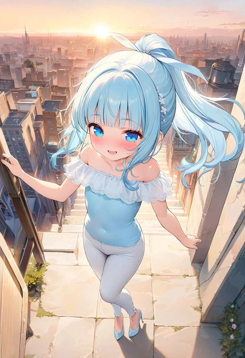 masterpiece, best quality, extremely detailed, (illustration, official art:1.1), 1 girl ,(((( light blue long hair)))), ,(((( light blue long hair)))),light blue hair, , long hair ((blush)) , cute face, big eyes, masterpiece, best quality,(((((a very delicate and beautiful girl))))),Amazing,beautiful detailed eyes,blunt bangs((((little delicate girl)))),tareme(true beautiful:1.2), sense of depth,dynamic angle,,,, affectionate smile, (true beautiful:1.2),,(tiny 1girl model:1.2),)(flat chest) ,,happy smile, smile, Open your mouth,ponytail,Short braided hair,Medium chest, hair band,Cord off-shoulder top,Short sleeve,skinny pants,Stiletto heels,Sunset,evening,The sun is setting,Walking,whole bodyがイラストに入るように,Looking down from above,Holding a Chanel bag in her right hand, break outdoors,In town,Building district, break looking at viewer, whole body, break (masterpiece:1.2), highest quality, High resolution, unity 8k wallpaper, (shape:0.8), (Beautiful details:1.6), Highly detailed face, Perfect lighting, Extremely detailed CG, (Perfect hands, Perfect Anatomy),
