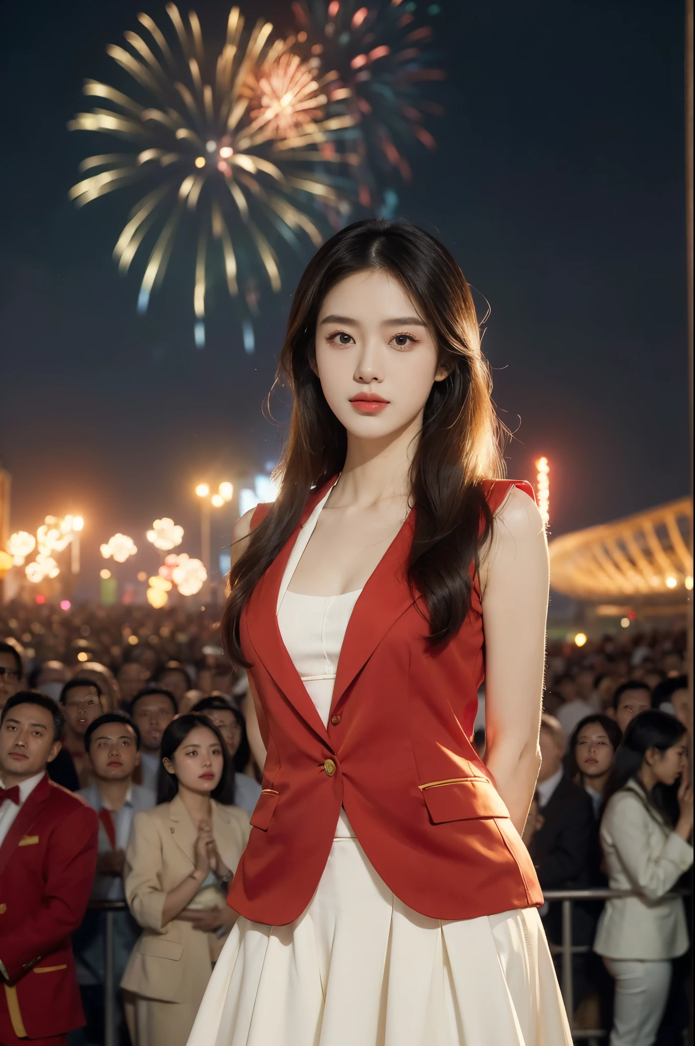 (((best quality))),(((ultra detailed))),(((masterpiece))),illustration, ((Olympic Opening Ceremony,in Paris,summer night,magnificent National stadium of France,Olympic flame, fireworks)),(crowded crowds of enthusiastic spectators:1.3),((a beautiful Chinese girl,solo)),((shoulder length straight hair:1.2)),((slim,thin)),((small breasts,flat chest)),(red blazer:1.5),(yellow dress:1.2),excited expression, awe, celebrating, electric atmosphere, sense of pride, excitement, playing field, crowd energy, unity, camaraderie, representing China, historic event, memorable moment,((standing,arms behind back)),((from front,upper body))