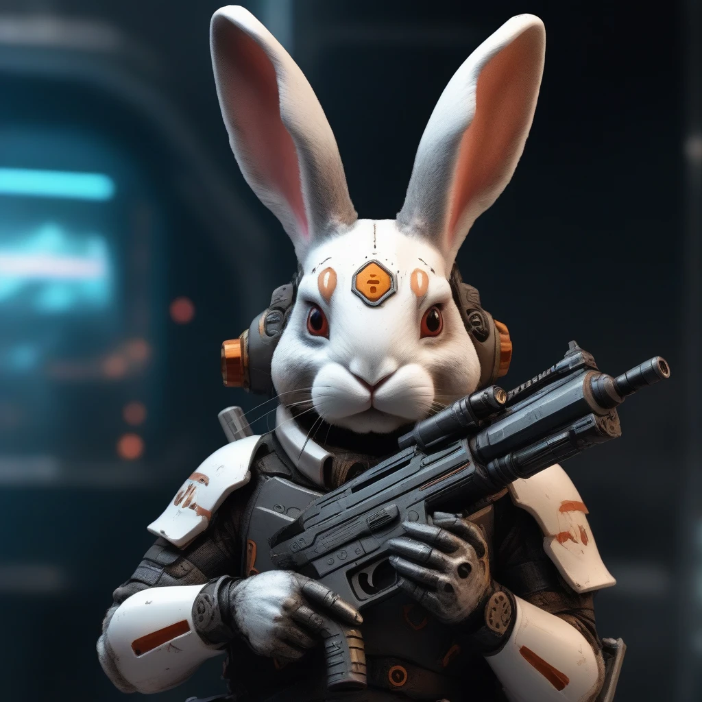 antoropomorphic rabbit warrior from the future holding a blaster, close up