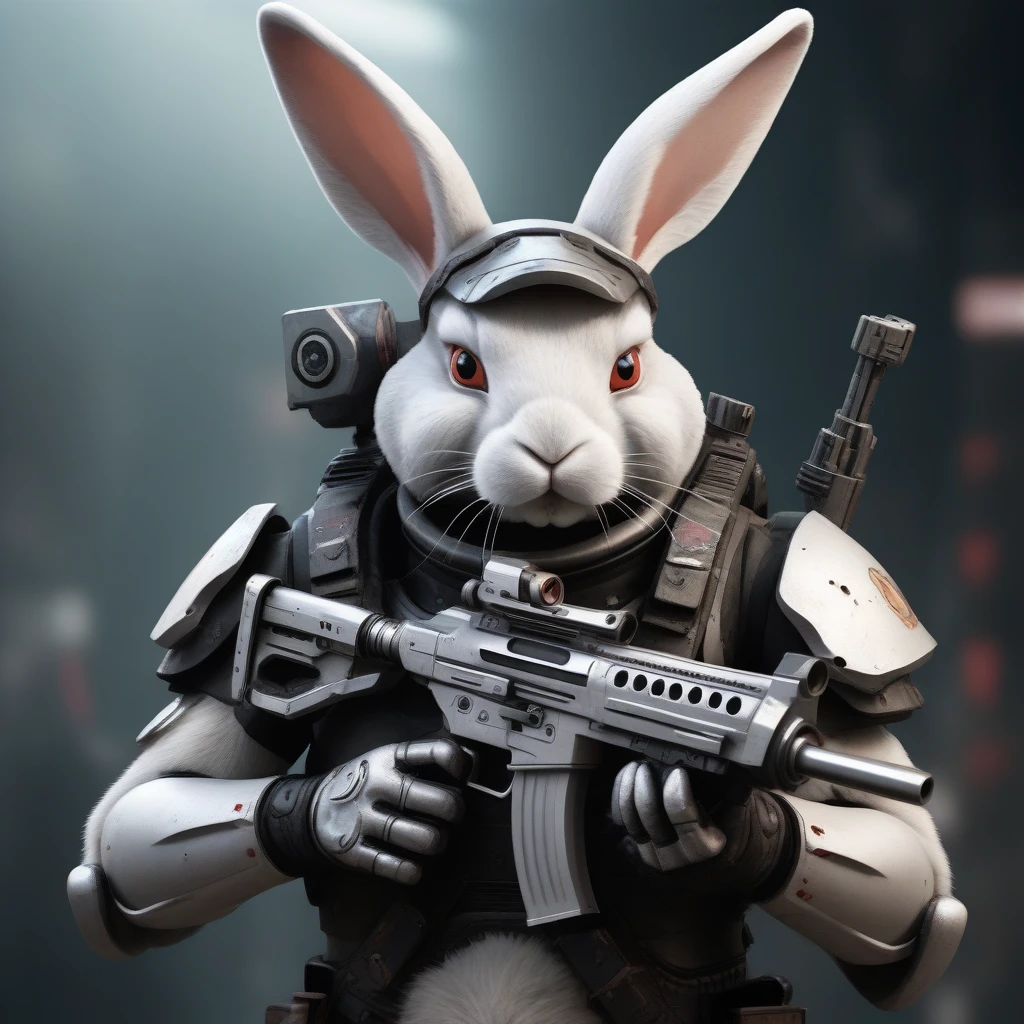 antoropomorphic rabbit warrior from the future holding a blaster, close up