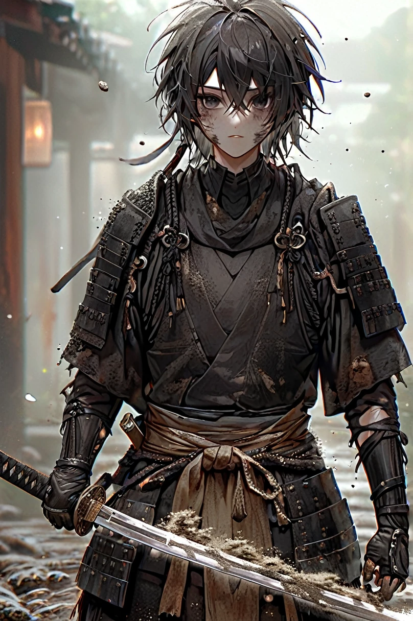 Ronin, Dirty, Long Hakama, Boy, Two sword, black eyes, black samurai hair, ragged body, Torn clothes