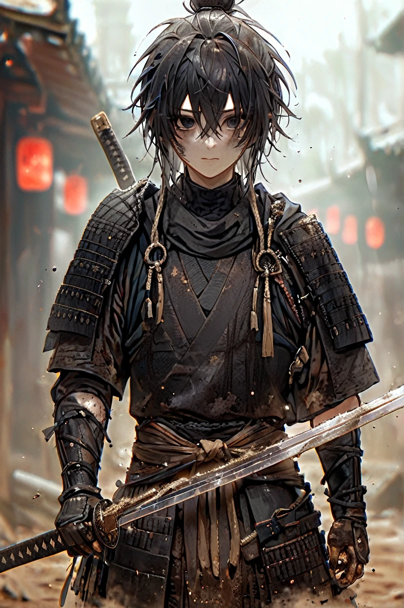 Ronin, Dirty, Long Hakama, Boy, Two sword, black eyes, black samurai hair, ragged body, Torn clothes