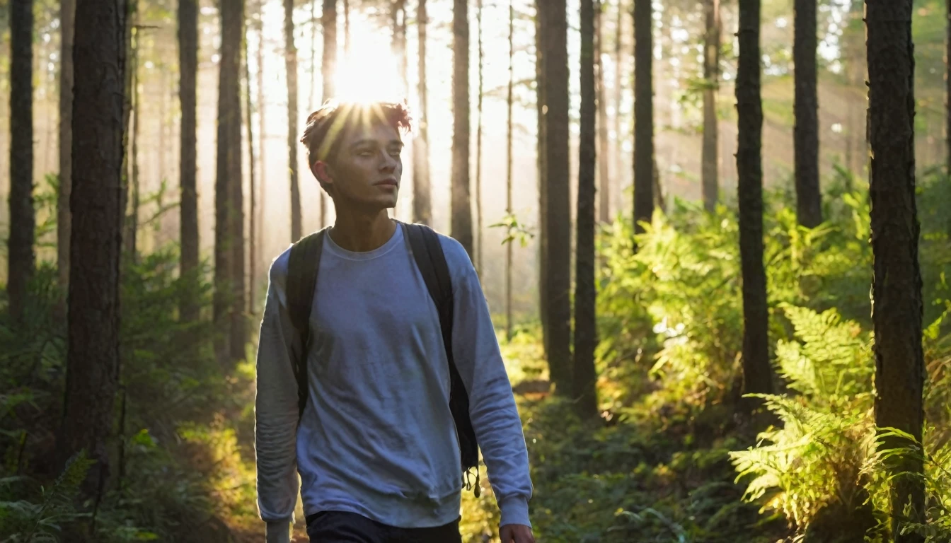 Jacob, a modern young man leaving the forest, the morning sun shining down on him.