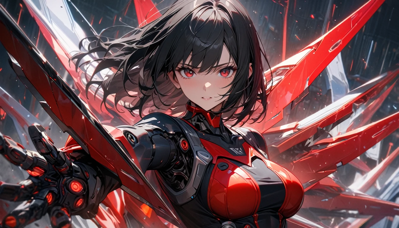 Adult girl, long black hair, red eyes, cyborg, very tight transparent batllesuit, cyber blades on hands, transparent elements, Masterpiece, best quality, Full HD, 8k, ultra details, great graphic
