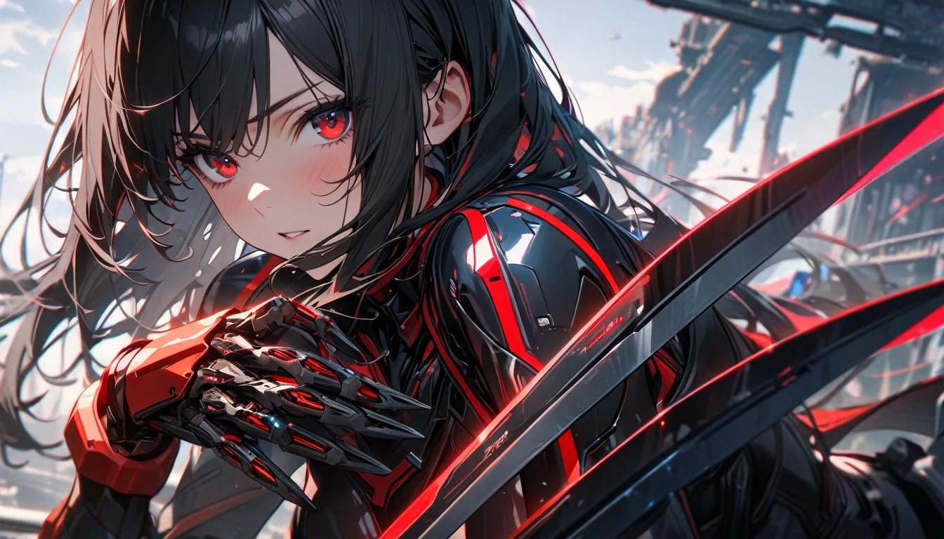 ((masterpiece)), best quality, 8k, high quality, high resolution, super detailed, ultra detailed, photorealistic, relentless and finely detailed face and eyes, ultra detailed and detailed skin texture, soulless robotic eyes, perfect face, 1 girl, ebony mechanical shell, (stealth assassin design), piercing red ocular implants, (inhuman aura), concealed blades in each arm, lurking in the shadows, emotionless gaze, ((stoic expression)), night, high-tech facility, dimly lit corridors, high-security environment, (faint humming), (sinister echoes), since engineered inception, Echelon, robotic eyes, background of high-tech facility.