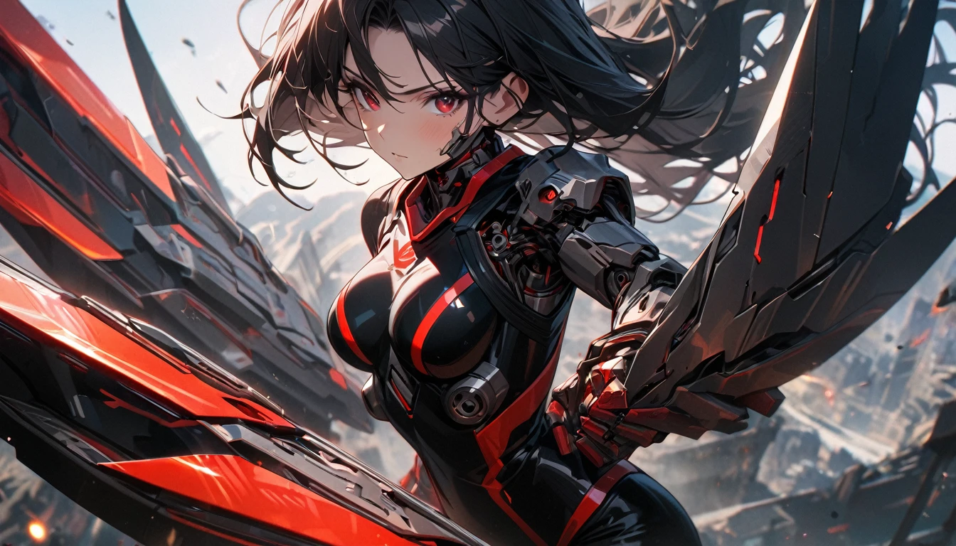 Adult girl, long black hair, red eyes, cyborg, very tight transparent batllesuit, cyber blades on hands, transparent elements, Masterpiece, best quality, Full HD, 8k, ultra details, great graphic