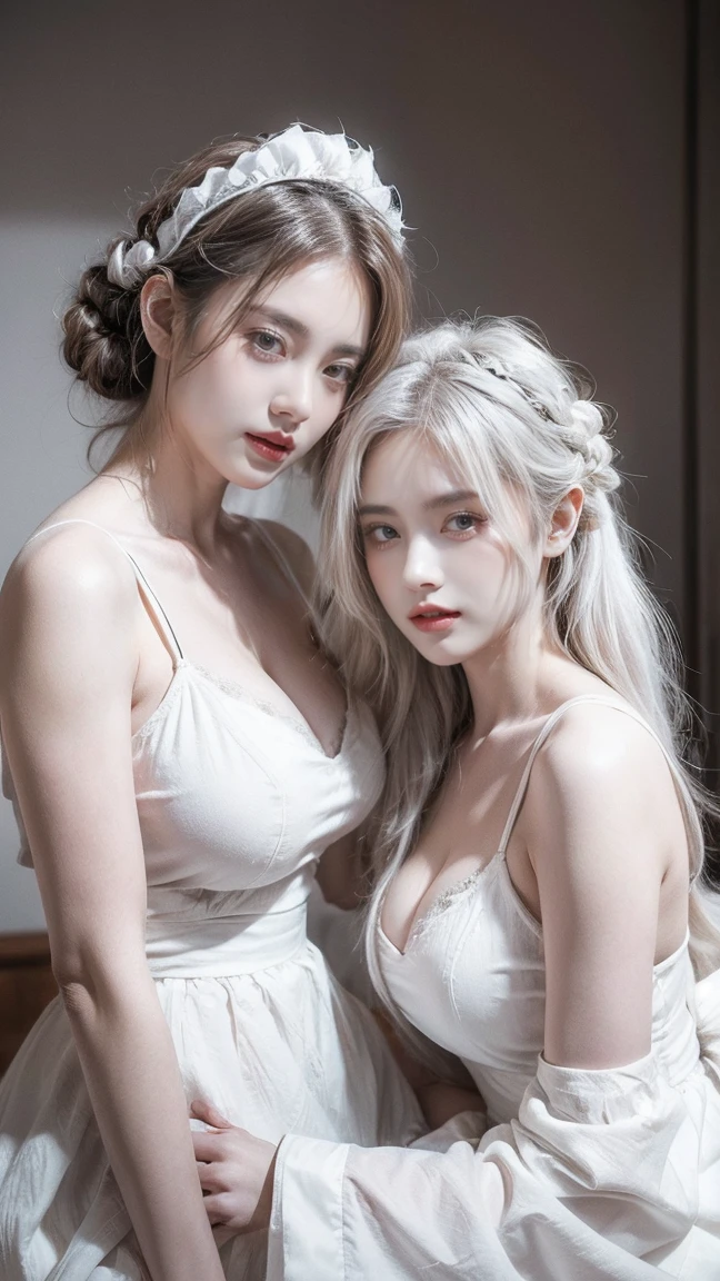 Create a realistic portrait of 2 girls (maid 1.2), twin girl with long, white hair tied in updo, both wearing maid uniform. natural big breast, plumpy, perfect body, sit together, giving a sense of companionship and unity. The background is simple and minimalistic, with soft lighting that casts subtle shadows, highlighting their features and expressions. The overall mood of the image is modern and stylish, with a touch of casual elegance.