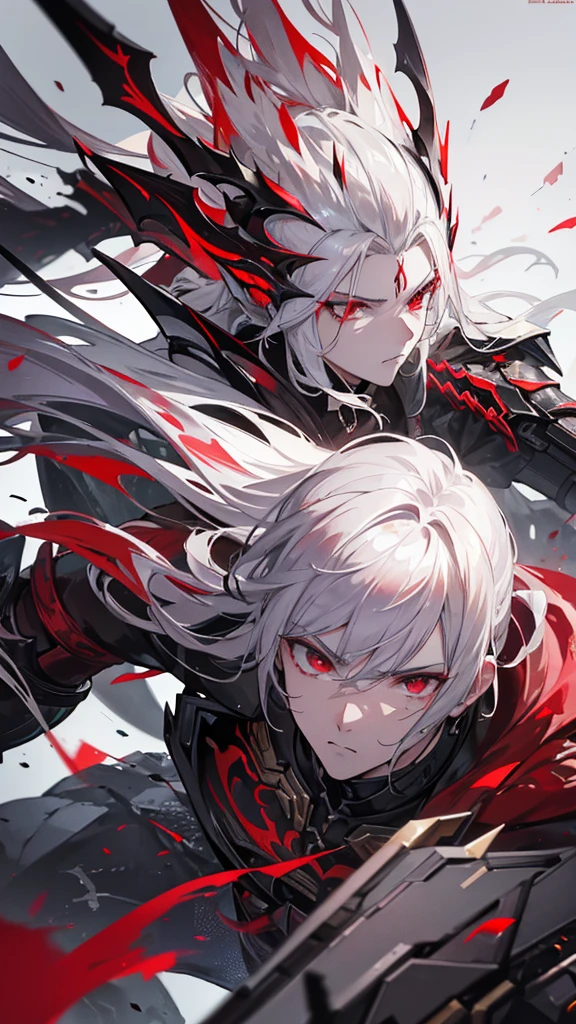 a handsome man with red eyes and white hair, fierce battle, intense action, highly detailed, cinematic lighting, dramatic composition, epic fantasy, grandiose scale, photorealistic, 8k, masterpiece