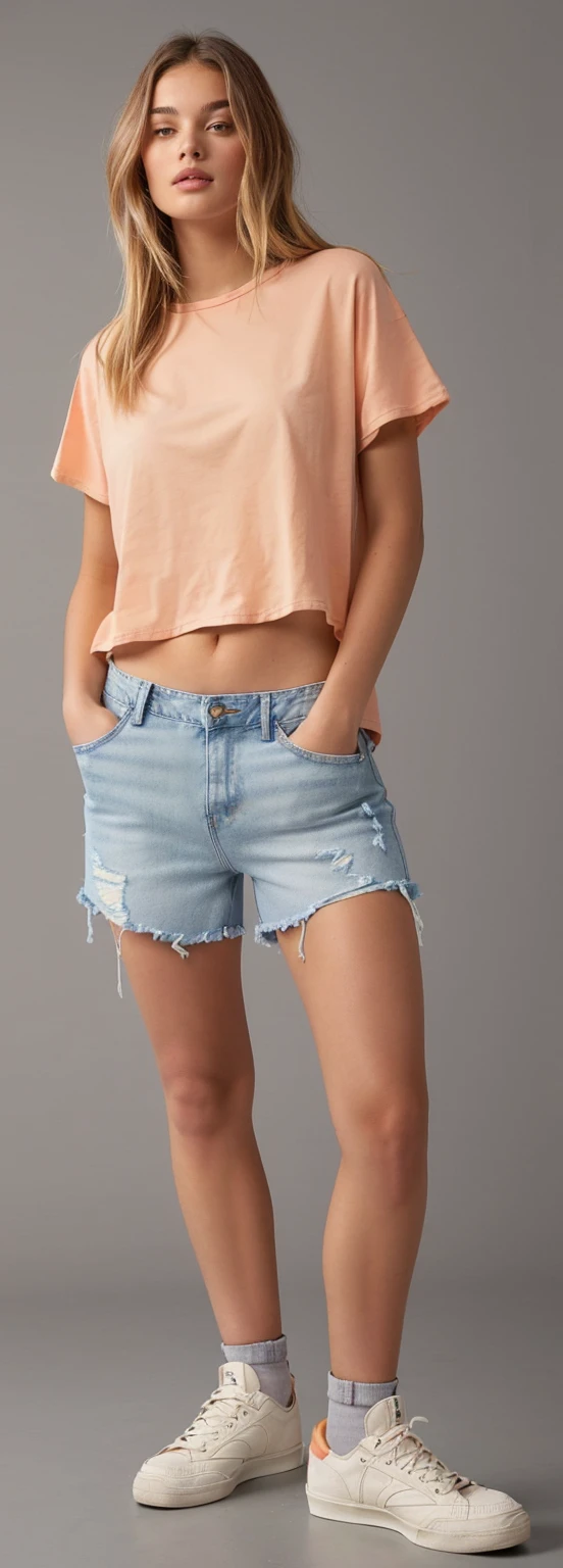 a woman in a peach top and denim Shorts stands on a gray background, jeans curtos, short Shorts, mulher baixa e robusta, wearing denim short Shorts, denim Shorts, torn Shorts, jean Shorts, Shorts, Shorts!!, boy Shorts, baixa estatura, wears Shorts, Margarida Duques, calças curtas jeans, in Shorts, wearing Shorts, sexy girl wearing Shorts