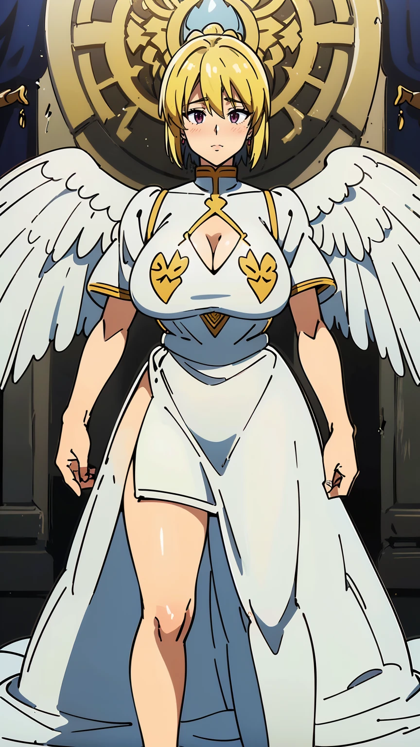 woman in her 20s、1 person、Angelic、There are large white wings on the back、Has 6 wings、Swan wings、With a round face、round chin、Close-up of a woman in armor holding a sword, Armor girl, female knight, big and full breasts、full armor, full armor, gorgeous female paladin, female knight, of a Beautiful female knight, Beautiful armor, Plump、thick waist、wide waist、full armor, armor、Gorgeous full-body armor, Amazing armor, Trending on Art Station Pixiv, Beautiful female knight、has a large sword、Great Sword of Steel、happy look、looking here、Look at me、Lakeside、white military flags lined up, There is a large army behind us far away.、With forest and mountains in the background、black string、Black pattern,kurapika, bob hair, blonde hair, (long tits:1.1), (huge tits:1.1), (saggy tits:1.2), (BIG ASS:1.2)