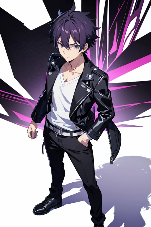 one man,black biker jacket,purple hair, short hair, spiky hair,black eye,full body shot,stubble,15 years old,look at viewer,standing,white shirt,hand on hip,from front,white background,Anime handsome guy, Gap Moe Yandere Grimdark, Handsome men from Demon Slayer, Young Anime Guy, Male Anime Characters, Hajime Yatate, Handsome man, trigger anime art style, Anime Moe Art Style, inspired by Okumura Masanobu