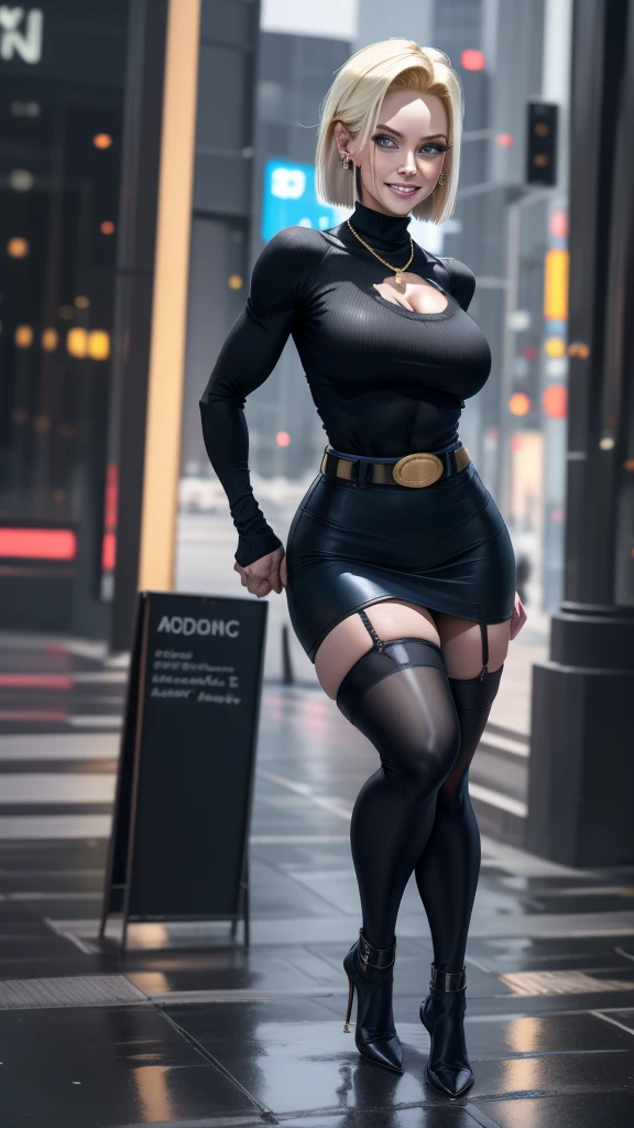 best quality, highres, and18, 1girl, android 18, solo girl, 1girl, blonde hair, blue eyes, belt, high heels, black long bodycon skirt, gold necklace, white blouse, short hair, blue sweater, earrings, medium breasts, cowboy shot, mountains, straight-on, (weather: raining and windy), wet body, sexy smile, combat stance, thigh high stockings, garter belt, battle ruins, wide hips, thick legs, torn clothes, closed fists, hair pin,