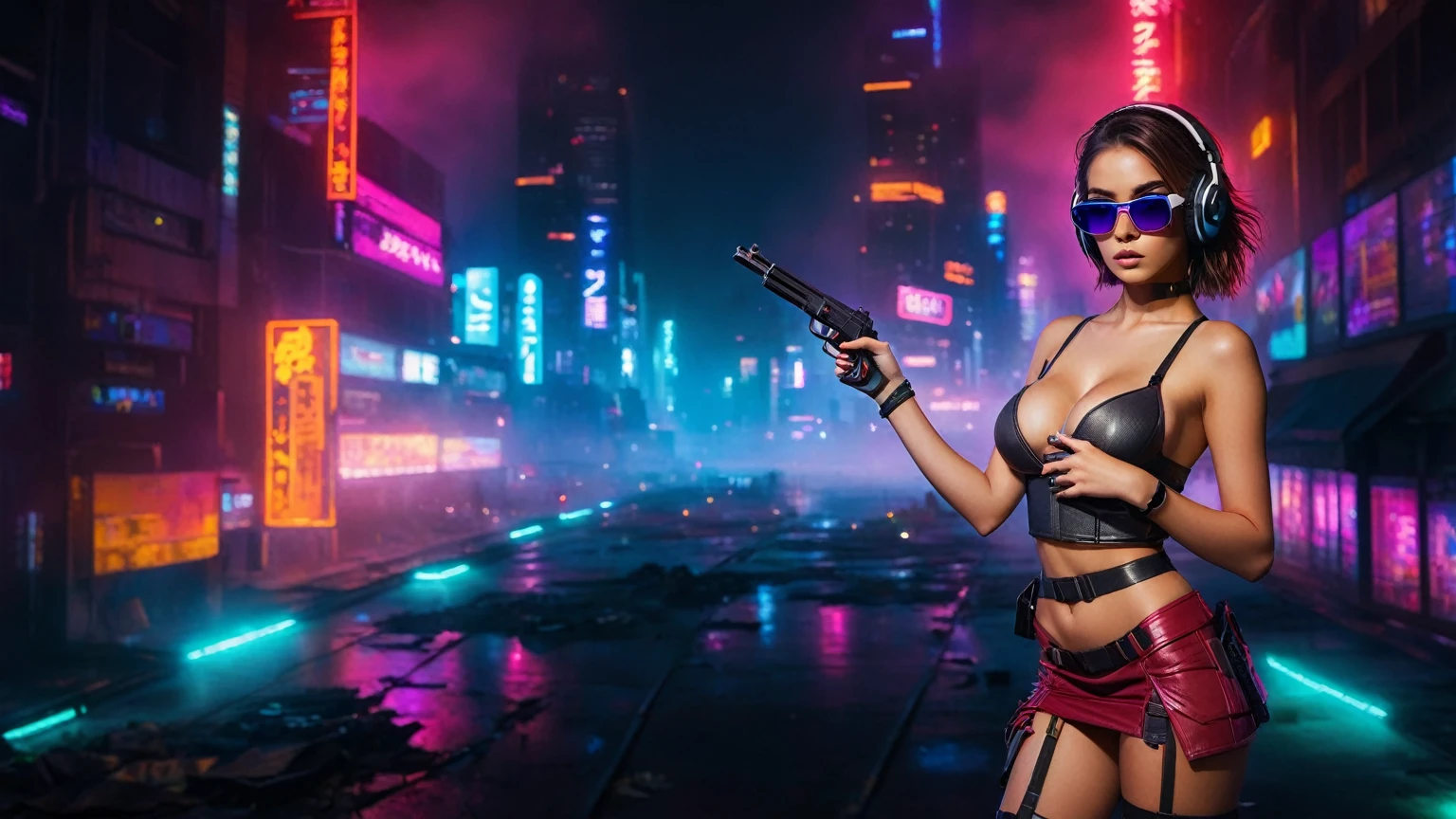 dark futuristic landscape, at night, neon lights, Atmospheric fog, large buildings in the background, futuristic city, streets with open shops, skyscraper (postapocalyptic city:1.3). (((1girl, solo, alone))), large-breast:1.2 slim body, cleavage:1.1, sexy miniskirt, (((headphone, black sunglasses, standing and holding pistol pose))), (((half-body thigh level medium shot))), cinematic lighting, lens flare, ray tracing.