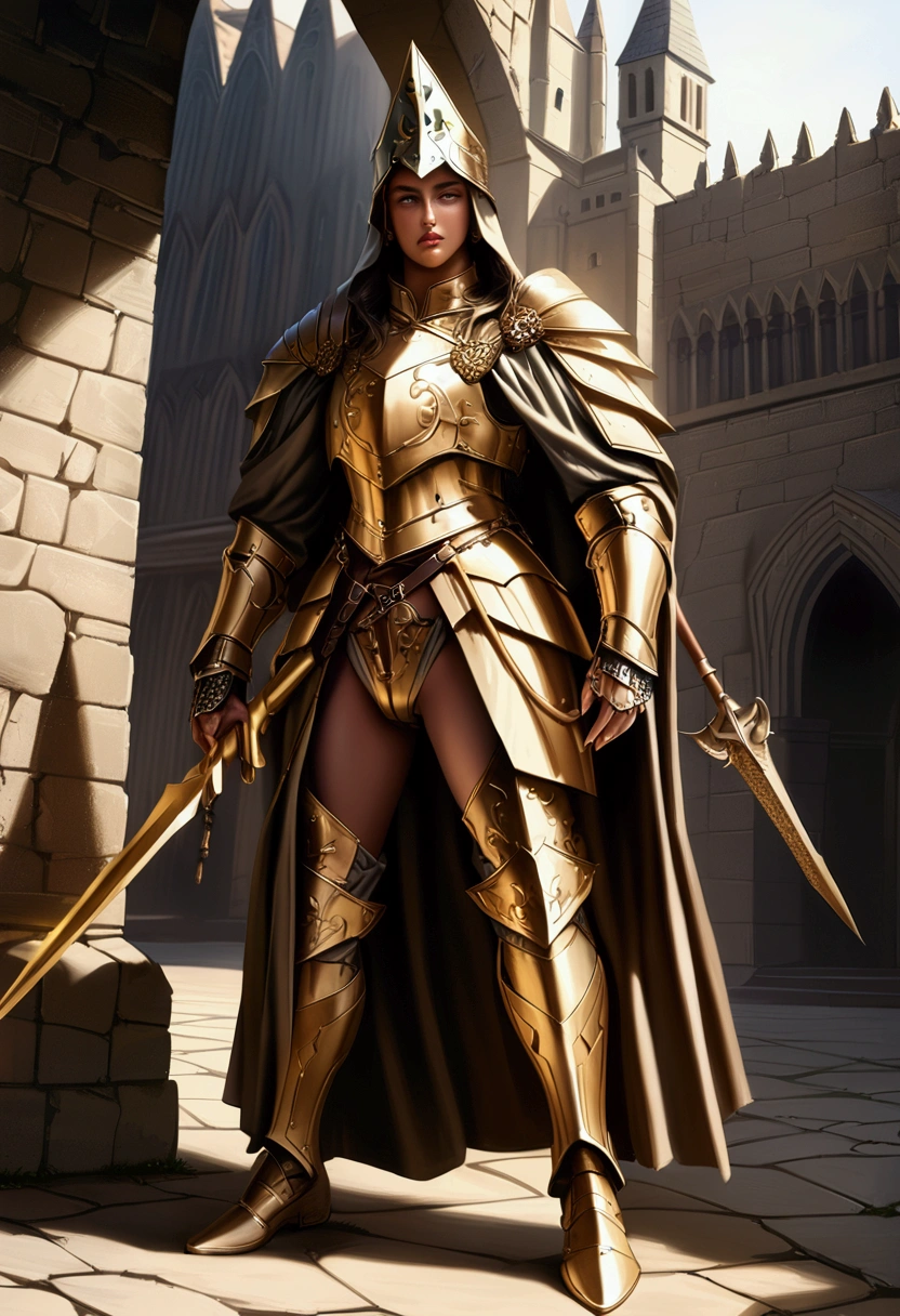 goddess of war, warrior, sexy,medieval golden armor, full body, spear, realistic