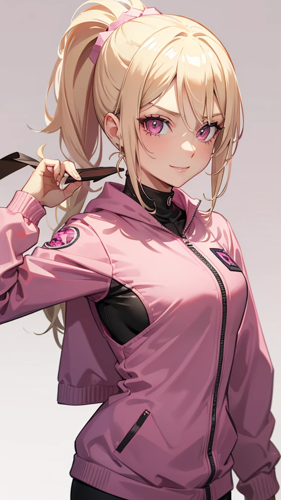 (((Adult woman))), ponytail blonde hair, (Pink eyes), pink suit, smirk