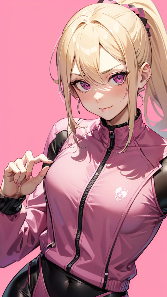 (((Adult woman))), ponytail blonde hair, (Pink eyes), pink suit, smirk