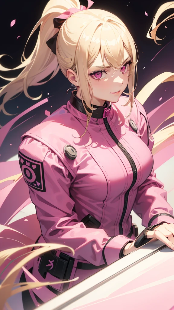 (((Adult woman))), ponytail blonde hair, (Pink eyes), pink suit, smirk