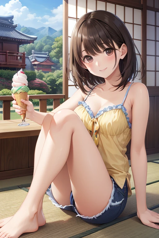 anegasaki nene、Shiny brown hair, short hair, (Beautiful brown eyes、Sparkling eyes, Fine grain)、smile、Ultra-detailed eyes、Highly detailed face, Highly detailed eyes,


CG, Unity, 8k, wallpaper, Highest quality, masterpiece,  (smile: 1.2), Sit on the veranda, Yellow Camisole 、
BREAK denim shorts, barefoot, Thighs, Best lighting, Complex pupil, Intricate weaving, Detailed Background, Japanese countryside scenery, She has an ice cream in her hand、Orient to your audience..