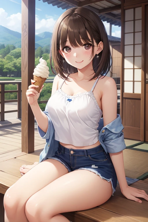 anegasaki nene、Shiny brown hair, short hair, (Beautiful brown eyes、Sparkling eyes, Fine grain)、smile、Ultra-detailed eyes、Highly detailed face, Highly detailed eyes,


CG, Unity, 8k, wallpaper, Highest quality, masterpiece,  (smile: 1.2), Sit on the veranda, Yellow Camisole 、
BREAK denim shorts, barefoot, Thighs, Best lighting, Complex pupil, Intricate weaving, Detailed Background, Japanese countryside scenery, She has an ice cream in her hand、Orient to your audience..